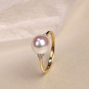 Joyería de oro amarillo sólido de importación de 18 quilates (AU750) anillo de diamante tejido de guisantes Akoya de un solo grano para mujer perla de agua de mar Natural para mujer