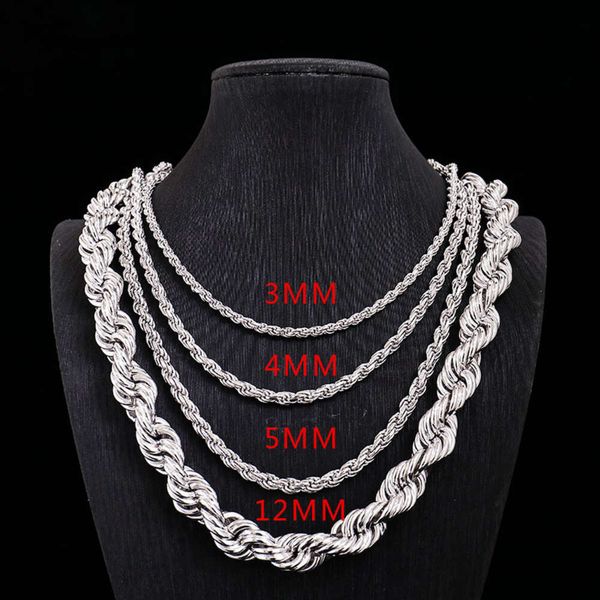 Cadena de cuerda con corte de diamante chapada en 18 quilates, 3 mm, 4 mm, 5 mm, 12 mm, cadena de cuerda de hiphop pesada plateada 18 para hombres