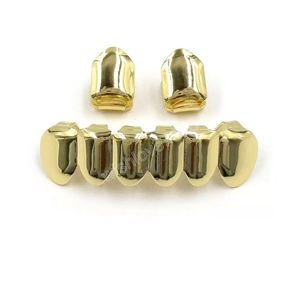 18K Real Gold Braces Effen Punk Hiphop Up 2 Bottom 6 Tanden Grillz Dental Mond Fang Grills Tand Cap Cosplay Party Sieraden