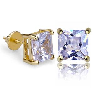 18K Real Gold Cubic Zirconia Square Stud Oorbellen 4 7 9 mm voor mannen vrouwen Bling Crystal Diamond Iced Out Earring Studs Punk Rock Rap233b