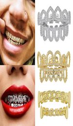18K Real Gold Diamond Hollow dents Grillz Mouth dentaire glacé Iced Fang Grills Braces Cap de dents Vampire Full Diamond Punk Hip Hop RAP5613998