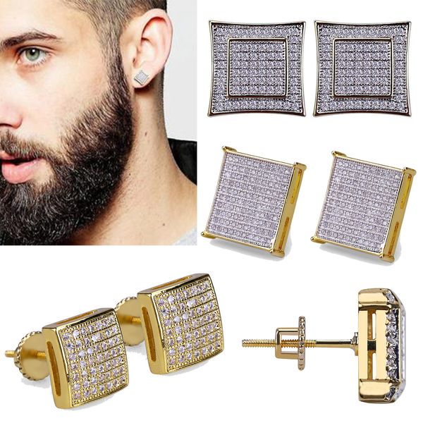 18K Real Gold Hiphop CZ Zircon Square Stud Boucles d'oreilles 0,7-1,6 cm pour hommes Femmes et filles Cumbic Zirconia Iced Out Diamond Studs Punk Rock Recapper bijoux