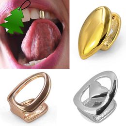 18K Real Gold Hollow Single dents Grillz Grillz Punk Hiphop Dental Mouth Fang Grills Toot Cosplay costume Halloween Party Rapper Body Bielry Gift Wholesale