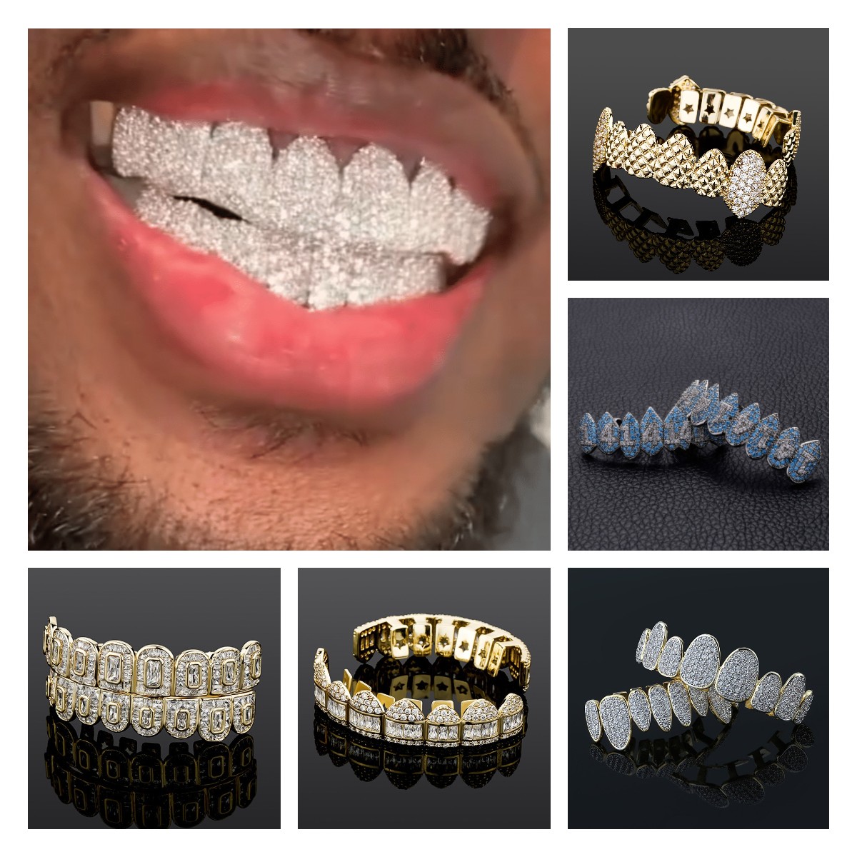 Iced Out Cubic Zircon Dental Grills Bijoux de corps Or véritable 18 carats Punk Hip Hop Jesus Mouth Fang Grillz Brace Full Diamond Vampire Tooth Cap Cosplay Party Rappeur Cadeaux