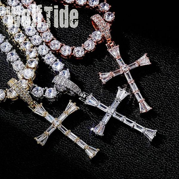 Collier avec pendentif en forme de croix en forme de baguette glacée avec zircone cubique personnalisé plaqué or véritable 18 carats carré CZ diamant hip hop rappeur bijoux cadeaux pour hommes et femmes