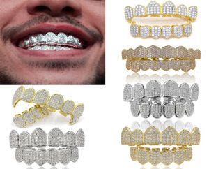 18K Real Gold Punk Hiphop Kubieke Zirkoon Vampier Tanden Fang Grillz Tandheelkundige Mond Grills Bretels Tand Cap Rapper Sieraden voor Cosplay P5396688