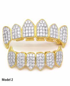 18K Real Gold Punk Hiphop CZ Zirkoon Poker Letters Vampire Tanden Fang Grillz Diamond Grills Bretels Tand Cap Rapper Sieraden voor Cos4879874