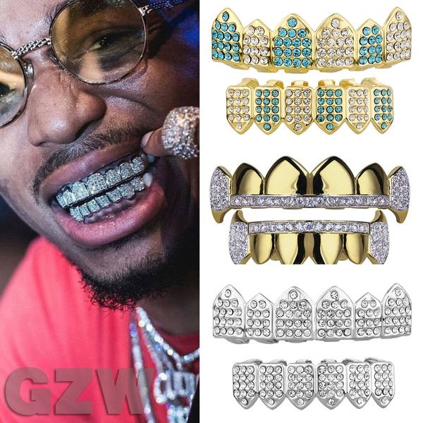 Dientes de vampiro de oro real de 18 quilates Colmillo Grillz Punk Hip Hop CZ Circón cúbico Letras de póquer Parrillas de diamantes heladas Tirantes Gorra de dientes Joyería de rapero para fiesta de Halloween de cosplay