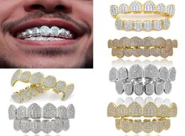 18K Real Gold Punk Hiphop Dental Mouth Grillz Grillz Bling Cubic Zircon Rock Vampire Dents Fang Grils