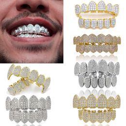 18K Oro real Punk Hiphop Boca dental Grillz Tirantes Bling Cubic Zircon Rock Vampiro Dientes Colmillo Parrillas Tirantes Tapa de diente Rapero Jew213x