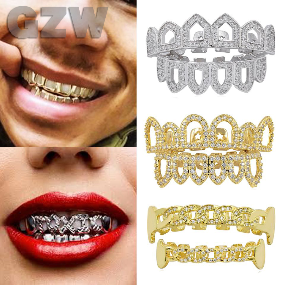 18k Real Gold Diamond Hollow Teeth Grillz Dental Mouth Iced Out Fang Grills hängslen Tandmössa Vampyr Full Diamond Punk Hip Hop Rapper Jewelry for Men Women Wholesale