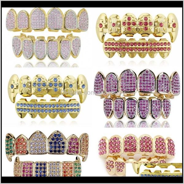 18K Real Gold Punk Hiphop Multicolor CZ Zircon Vampire Dents Fang Grillz Diamant Bretelles Dent Cap Rappeur Bijoux Pour Cosplay 647 Lrt G Ivbvg