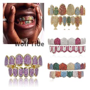 18K Real Gol Rose Gol White Gol Vampire Grillz Iced Out Fang Grills Full Colorful Diamond Cosplay Cap de dents dentaire Dent de dents de dents Halloween Party Bijoux Cadeaux