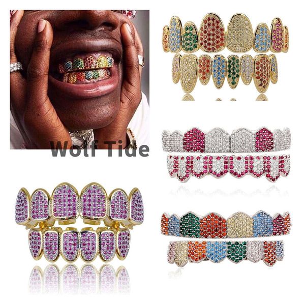 Oro real de 18 quilates Oro rosa Oro blanco Vampiro Grillz Parrillas de colmillos heladas Diamante colorido completo Cosplay Gorro para dientes Boca dental Dientes Tirantes Joyería para fiestas de Halloween Regalos