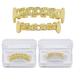 18k Real Gold Verzilverd Iced Out CZ Hiphop Tanden Grillz Caps Top Bottom Grill Set Vampire Tanden Party Gift