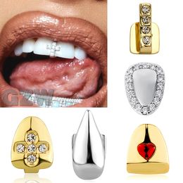 18K oro solo Grillz tirantes Punk Hip Hop CZ Cubic Zirconia dientes cruzados boca dental colmillo parrillas tapa de dientes Cosplay fiesta de Halloween vampiro rapero joyería del cuerpo regalos