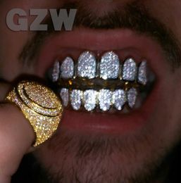 18k echte gouden tanden Fang Grillz Punk Hip Hop Cubic Zirkoon Iced Out Vampire Dental Mouth Grills Braces Tooth Cap rapper sieraden voor cosplay feest Halloween Day -geschenken