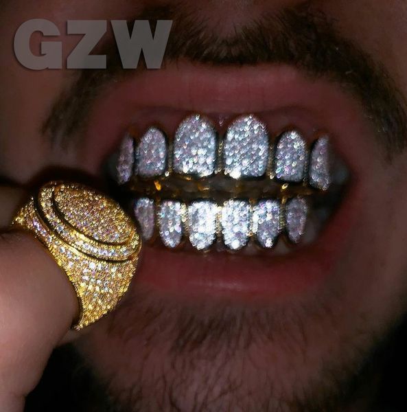 Dientes de oro real de 18 quilates Fang Grillz Punk Hip Hop Cubic Zircon Iced Out Vampire Dental Boca Grills Braces Tooth Cap Rapper Jewelry para Cosplay Party Halloween Day Gifts
