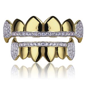 18K Real Gold Teeth Grillz Caps Iced Out Top & Bottom Vampire Fangs Dental Grill Set Wholesale