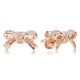 18K Rose Gold Bow Stud Earring para Pandora Real Sterling Silver CZ Diamond Wedding Jewelry para mujer Novia Gift Bowknot pendientes de diseño con caja original