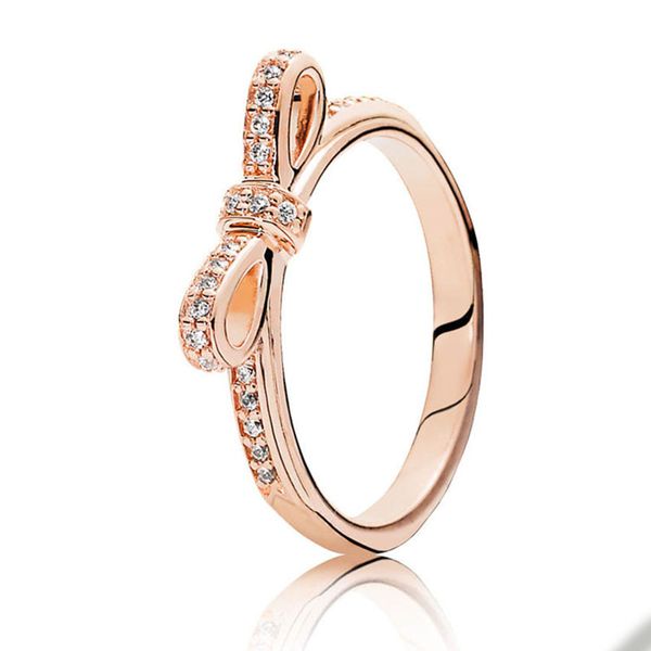 18K Rose Gold Classic Bow Ring pour Pandora Real Sterling Silver Wedding designer Jewelry For Women Girlfriend Gift CZ Diamond Bowknot Rings avec Original BOX Set