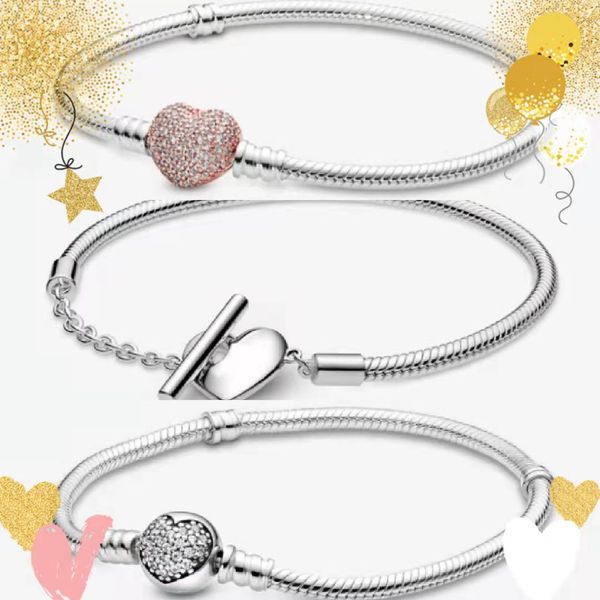 Pulsera de hebras de cuentas con hebilla en forma de corazón de diamantes CZ de oro rosa de 18 quilates con caja original adecuada para Pandora 925 pulsera de dijes de regalo de boda para damas de plata esterlina