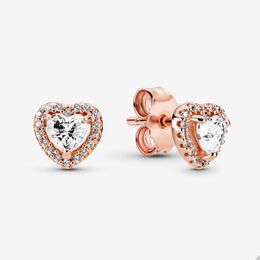 Pendientes de botón de corazón elevado de oro rosa de 18 quilates para Pandora 925 Conjunto de aretes de boda de plata esterlina Joyería de diseñador para mujer Pendiente de diamante de cristal con caja original