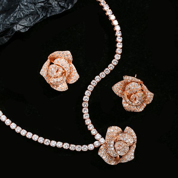 Ensemble de bijoux en Moissanite de laboratoire de fleurs en or Rose 18K, boucles d'oreilles de mariage, collier pour femmes, bijoux de fiançailles, cadeau de mariée