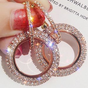 18K Rose Vergulde Glanzende Dubbele Cirkel Hoepel Bengelen Strass Kristallen Oorbellen voor Vrouwen Dames Meisjes Bruids Bruiloft Sieraden Accessoire