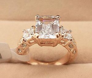 18K Rose Vergulde Sparkly Oostenrijkse Zirconia Rhinestone Rechthoek Luxe Diamond Trouwring Groothandel 18KRGP