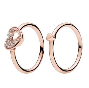 18K Rose goud Glinsterende Puzzel Hart Frame Ring Originele Doos voor Pandora 925 Sterling Zilver Vrouwen mannen Paar Trouwringen Set W169