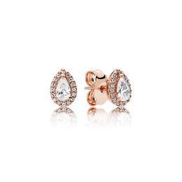 Boucles d'oreilles en forme de larme scintillantes en or rose 18 carats avec boîte d'origine pour bijoux de mariage pour femmes en argent sterling authentique CZ Ensemble de boucles d'oreilles goutte d'eau en diamant