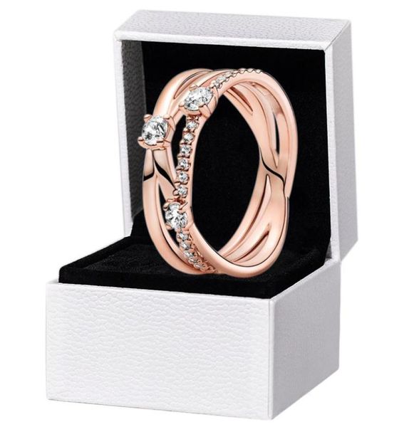 Boîte originale de l'anneau triple bande étincelante 18K Rose Gold pour 925 Silver CZ Diamond Women Girls Designer Bijoux de mariage Rings5704955