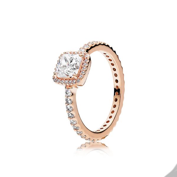 Bague Halo scintillante carrée en or rose 18 carats pour Pandora, bijoux de créateur de mariage en argent sterling 925 pour femmes, cadeau de petite amie, bagues d'amour avec boîte d'origine