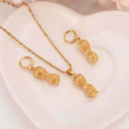 18K Solid Fine Gold F Dubai India Peanut Vintage Dangle Oorbellen Ketting Sieraden Sets Party Jewellery