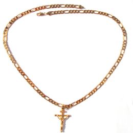 Collana a catena a maglie Figaro italiana in oro massiccio 18k G F 4mm 24 Ciondolo croce Gesù crocifisso da donna uomo1869