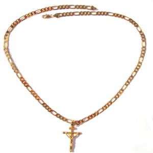 Collier chaîne à maillons Figaro italien en or massif 18 carats G F 4 mm 24 pendentif croix Crucifix de Jésus pour femmes et hommes 241H
