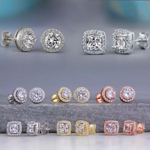 HipHop Boucles d'oreilles en or et diamant plaqué or blanc 18 carats avec zircons ronds et carrés pour hommes et femmes, boucles d'oreilles en cristal brillant, bijoux cadeau