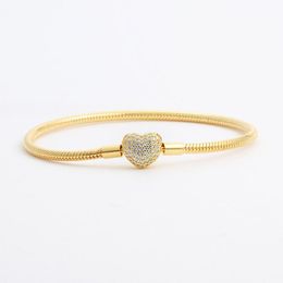 18K chapado en oro amarillo CZ Diamond Heart Bracelets Original Box Set para Pandora 925 Silver Snake Chain Bracelet para mujer Joyería de boda