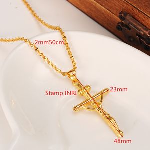 18k Gele Solid Gold GF-stempel Inri Jesus Cross Hanger Ketting Loyal Women Charms Kruisen Sieraden Christianity Crucifix Geschenken