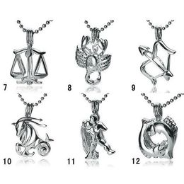 18KGP Signos de la moda del zodiaco Montajes colgantes Doce constelaciones estilo Perla Gema Grano Jaula Medallones DIY Lucky Charm Jewelry 204t