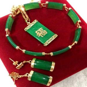 18 kgp Green Jade Inclay Link Bracelet Boucles d'oreilles Collier Pendant Fortune Set AAA