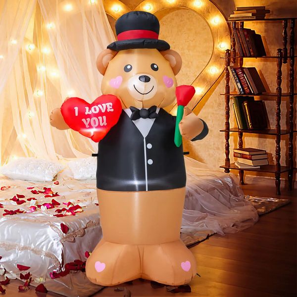 Ours en peluche gonflable de 18M pour la Saint-Valentin, avec cœur et fleur éclairé, cour extérieure, jardin, maison, fête, mariage, décoration 240116