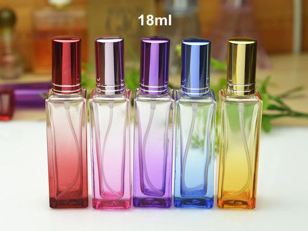 Flacon pulvérisateur carré en verre de 18ml, flacon de Parfum rechargeable coloré, flacon d'emballage cosmétique avec bouchon à vis