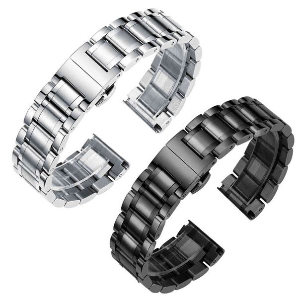 Bracelets de montre en métal 18mm 20mm 22mm 24mm, noir/argent poli, horloges en acier inoxydable, accessoires de Bracelet de montre