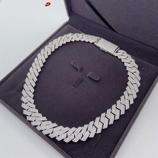 18mm 3 rangées de diamants Moissanite 925 Sterling Silver White Gold Cuban Link Chain Iced