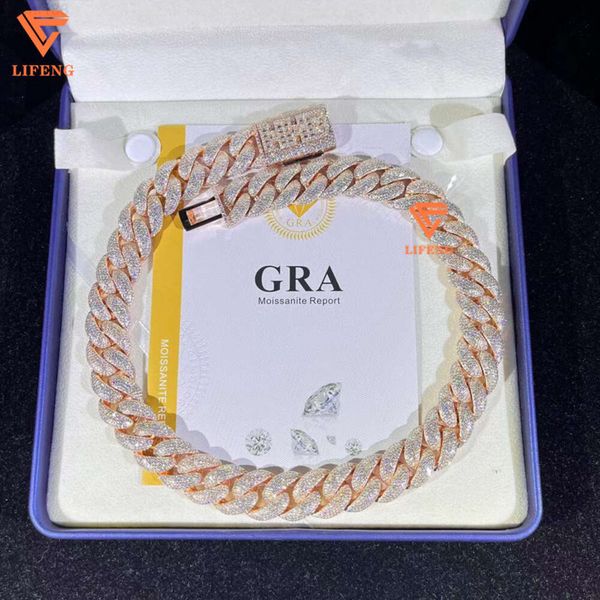 18 mm 5 rangées VVS Moisanite Diamond Miami Cuban Link Nom personnalisé Nom 925 Collier Sliver Buste en bas de la chaîne cubaine Rose Gold