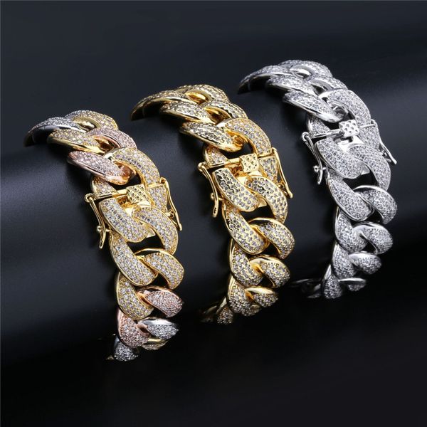 Bracelet chaîne cubaine scintillante pour hommes, 18mm, 7 pouces, 8 pouces, plaqué or, chaîne à maillons CZ, bijoux Hip Hop, vente en gros