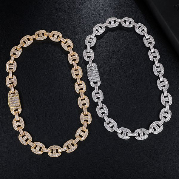 18mm Baguette Zirconia Cuban Chain Collier Hommes Femmes HiPhop Link Gold Argent Couleur Cuivre Bling Fashion Rock Bijoux