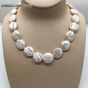 Gargantilla barroca inusual con cuentas de 18mm, collar llamativo, moneda redonda de Color blanco, forma plana, perlas naturales de agua dulce, cara plegable de 58cm